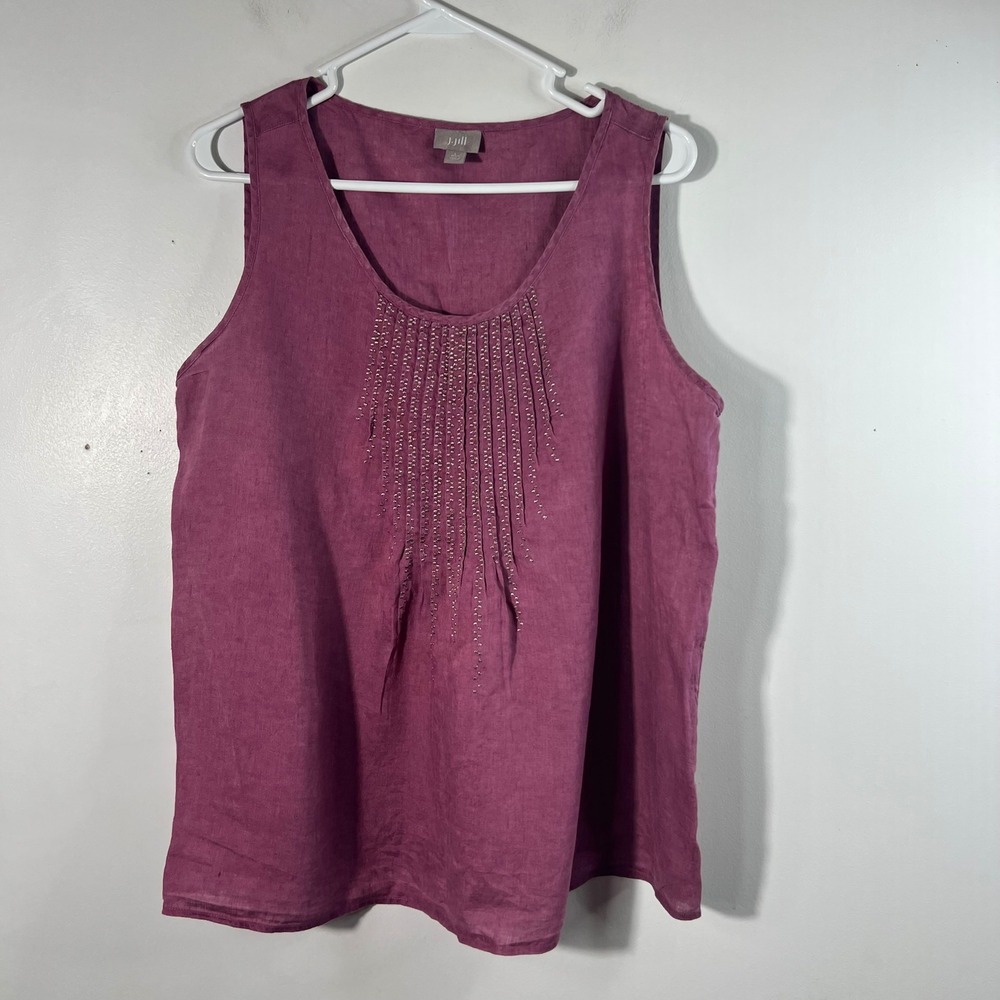 Womens J Jill Sleeveless Linen Embroidered Pintuck Tank Top L Petite Pink Plum‎